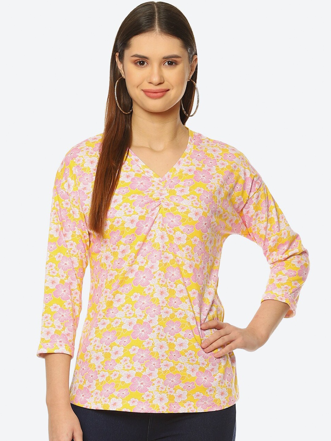 

2Bme Floral Printed V-Neck Cotton Top, Yellow