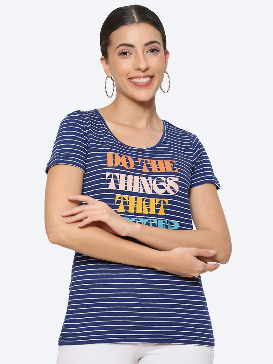 

2Bme Striped & Typography Printed Cotton T-shirt, Navy blue