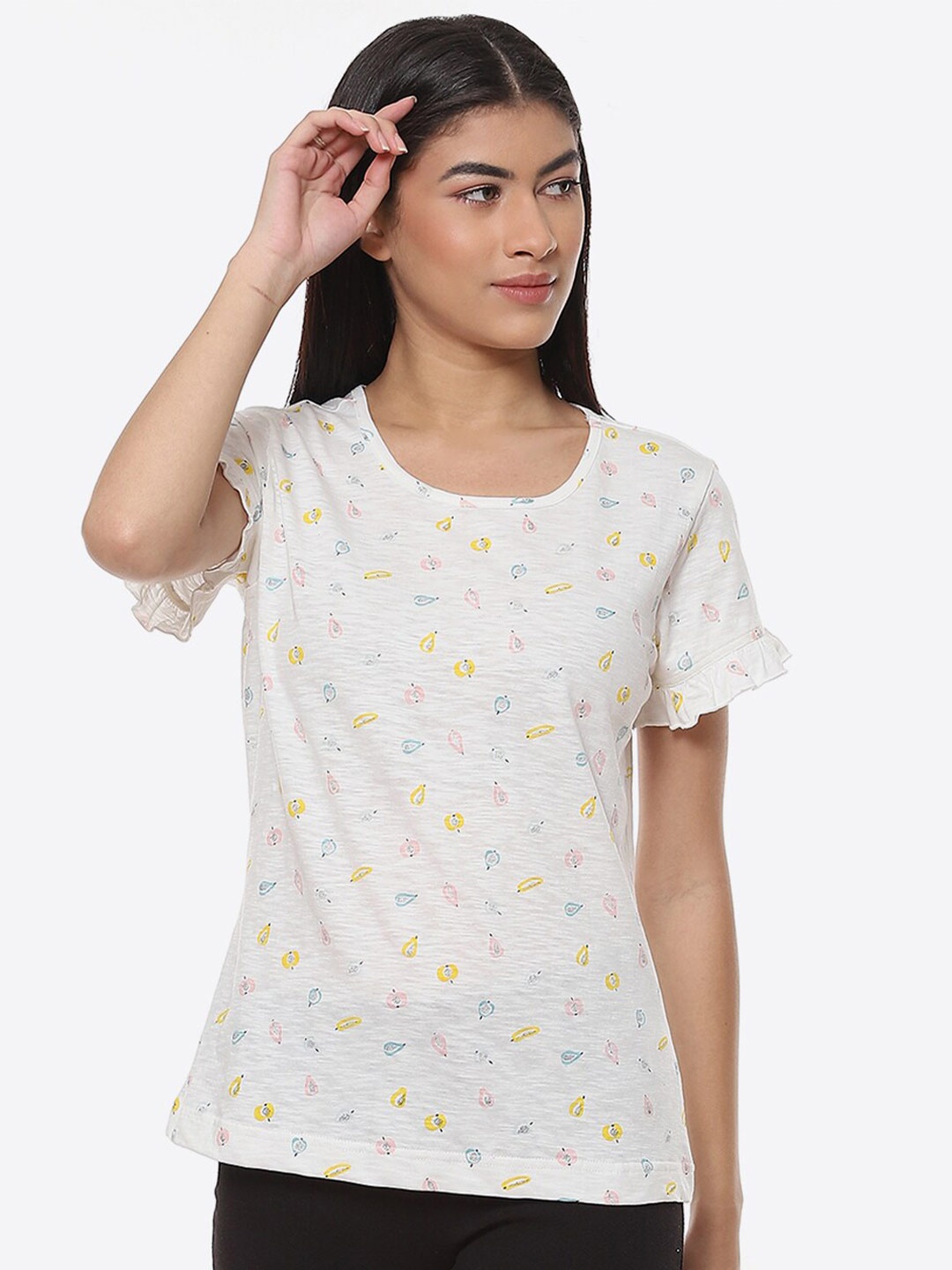 

2Bme Floral Printed Cotton T-shirt, White