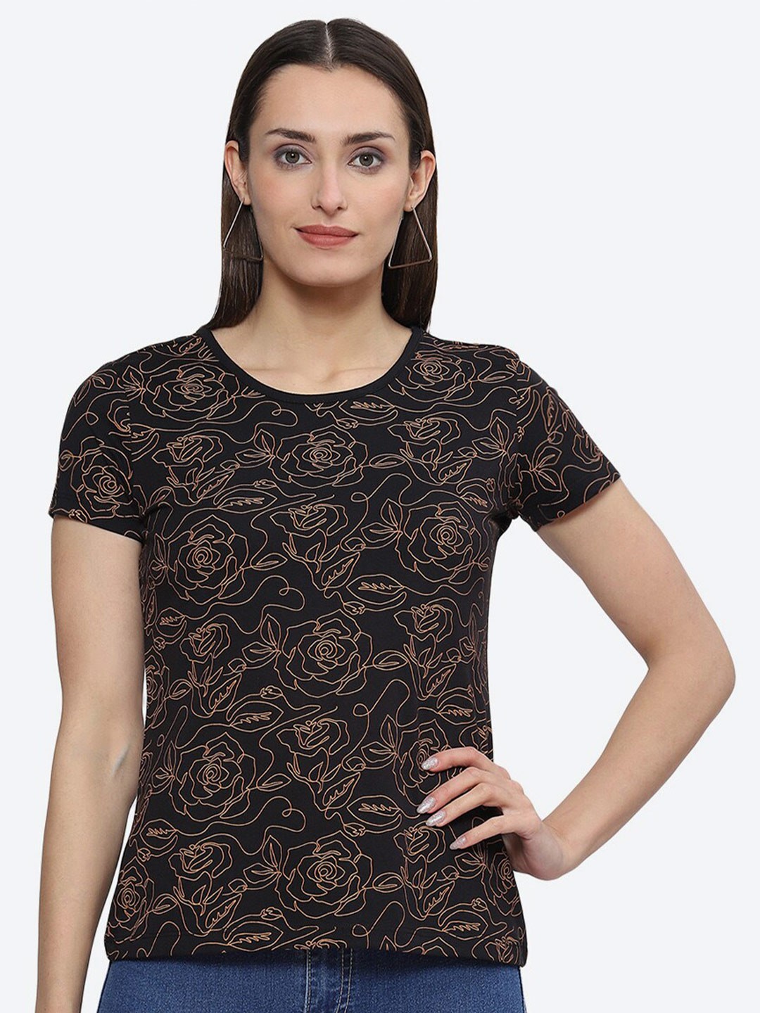 

2Bme Floral Printed Cotton T-shirt, Black