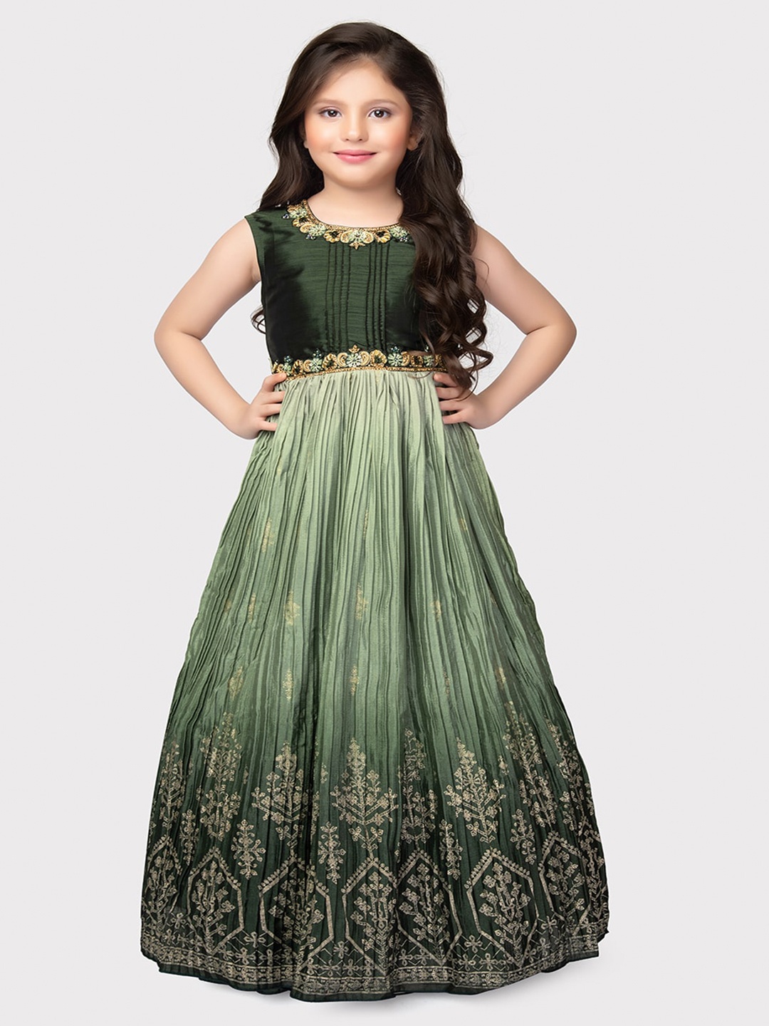 

BETTY Girls Floral Embroidered Gathered Fit & Fare Maxi Ethnic Dress, Green