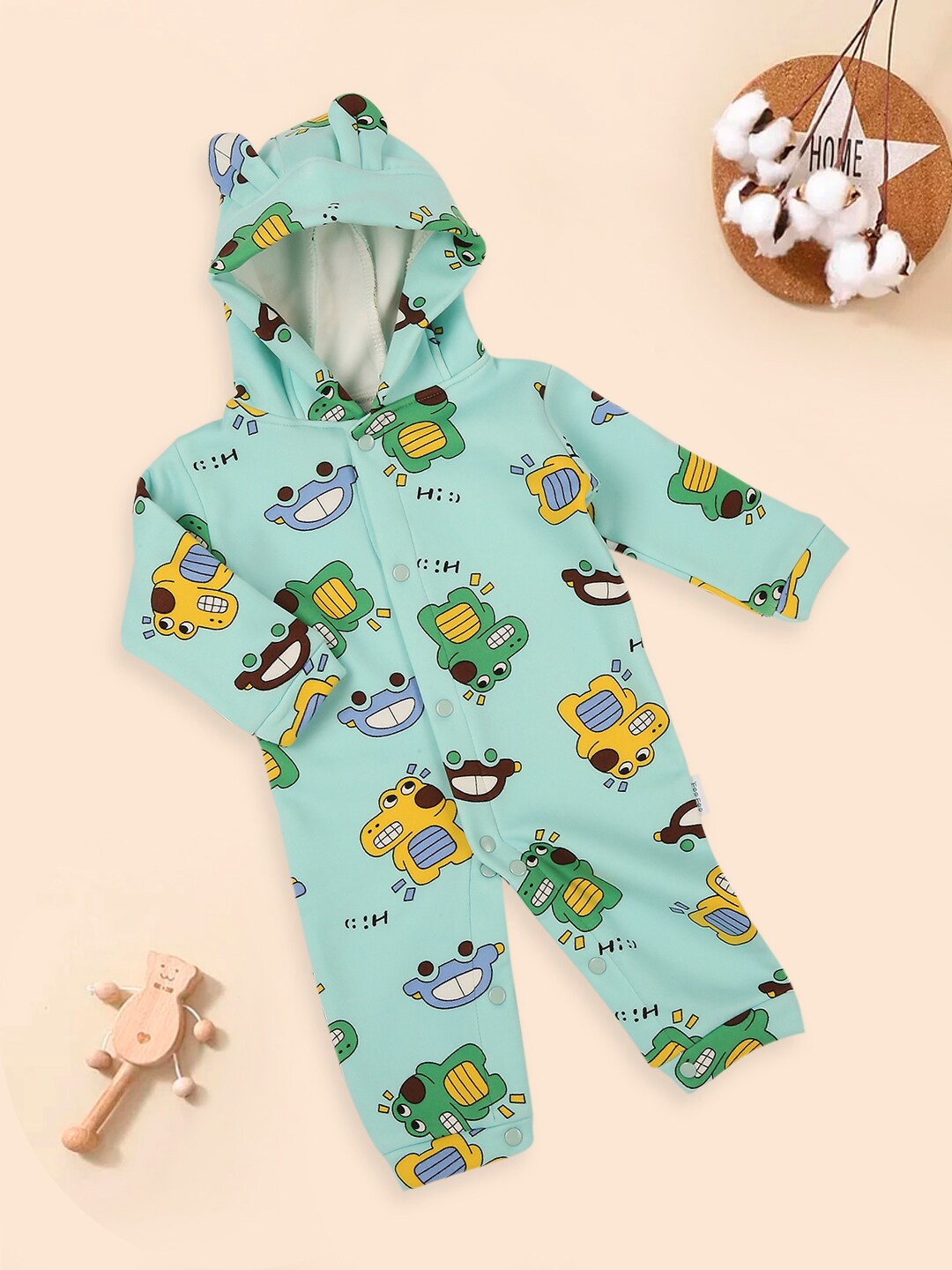 

MeeMee Infants Printed Hooded Pure Cotton Romper, Sea green