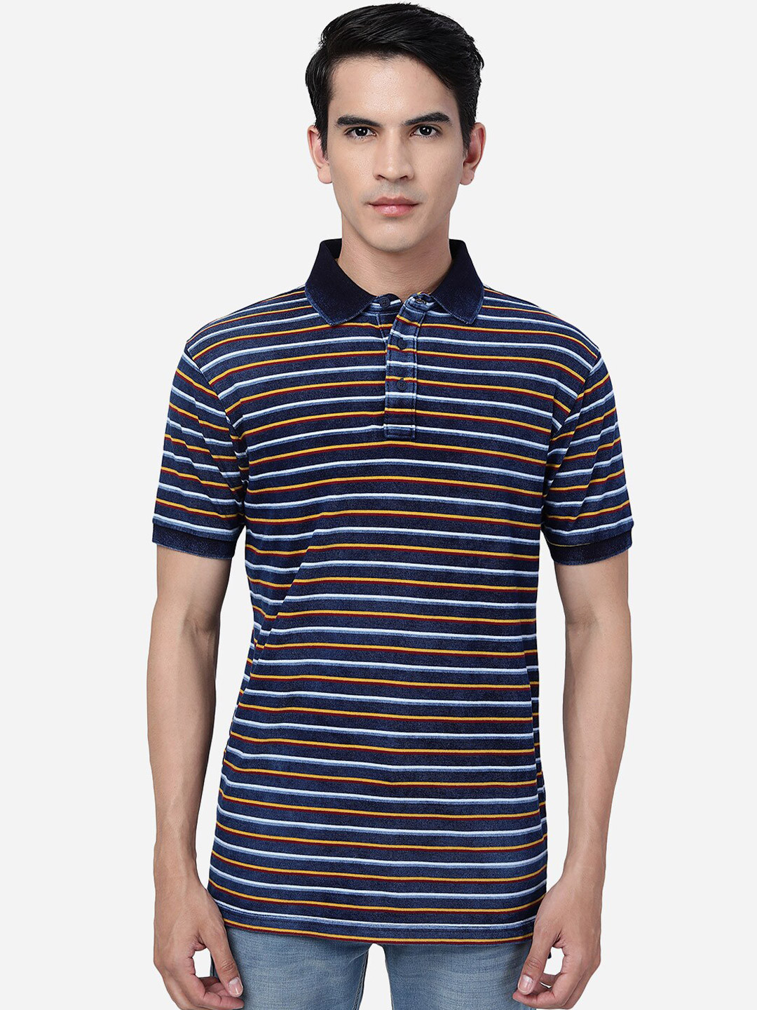 

JADE BLUE Striped Polo Collar Cotton T-shirt, Navy blue