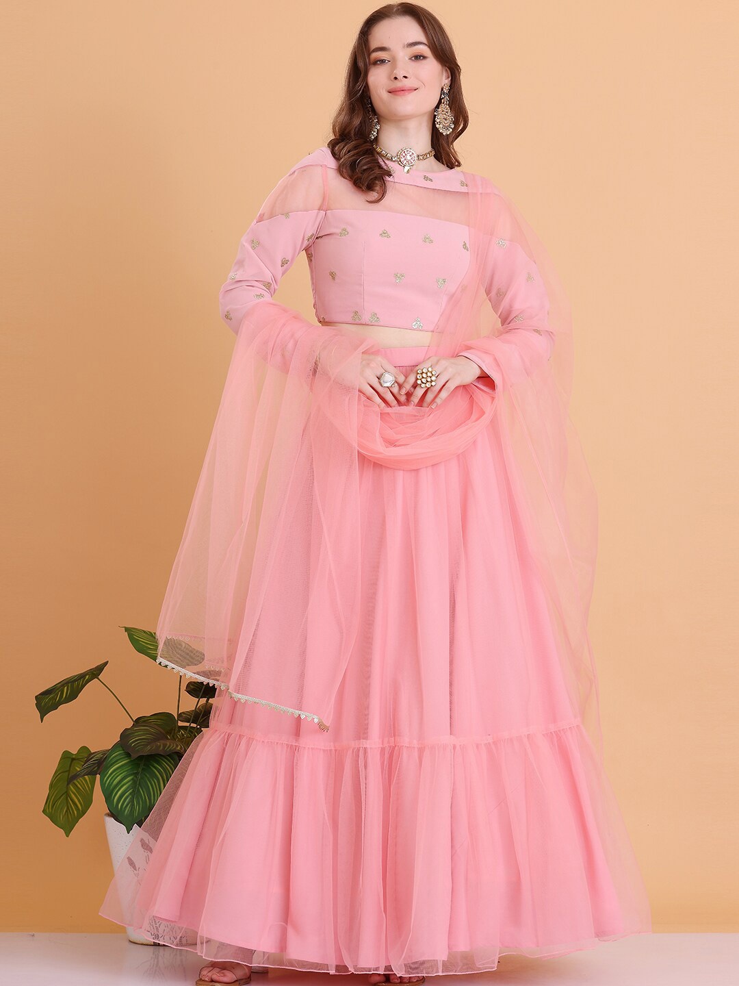 

Ethnovog Printed Ready to Wear Lehenga & Blouse With Dupatta, Peach