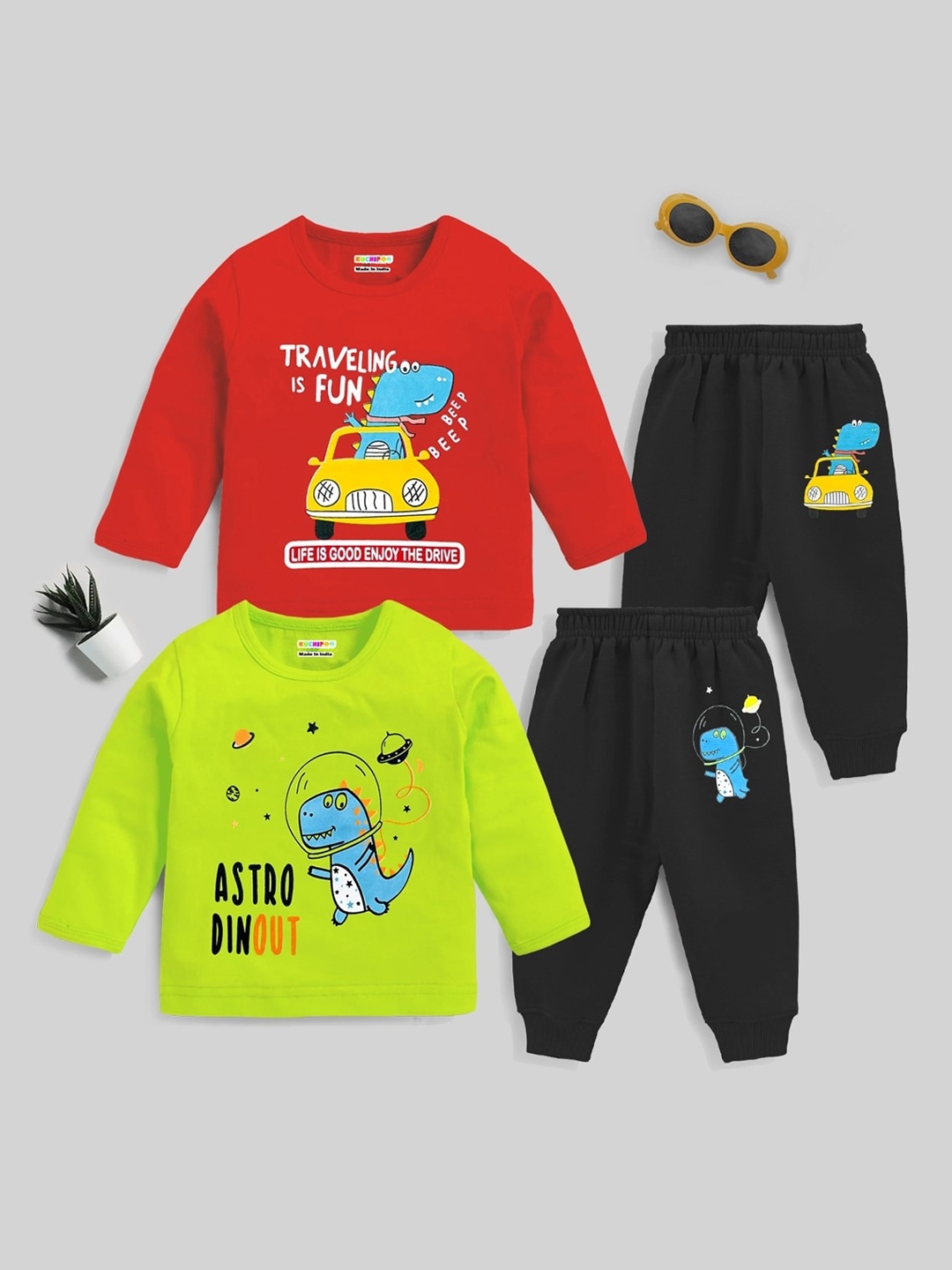 

KUCHIPOO Pack of 2 Boys Graphic Printed T-Shirts And Joggers lounge Pant Sets, Red