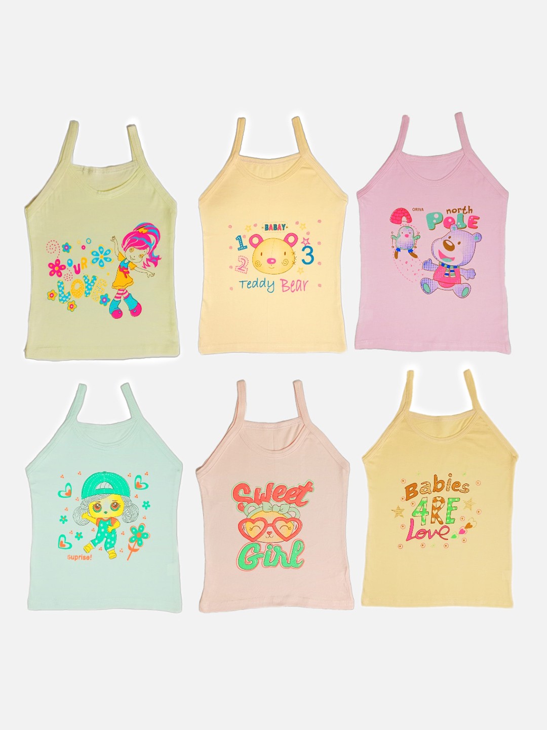 

SKY HEIGHTS Girls Pack Of 6 Printed Pure Cotton Camisoles, Lime green