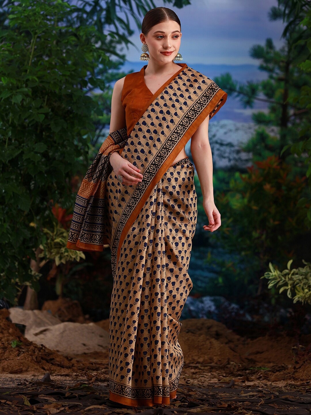 

KALINI Bagh Printed Art Silk Bagh Saree, Cream