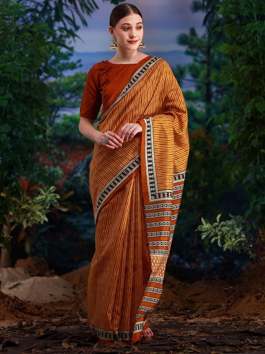 

KALINI Striped Bagh Saree, Mustard