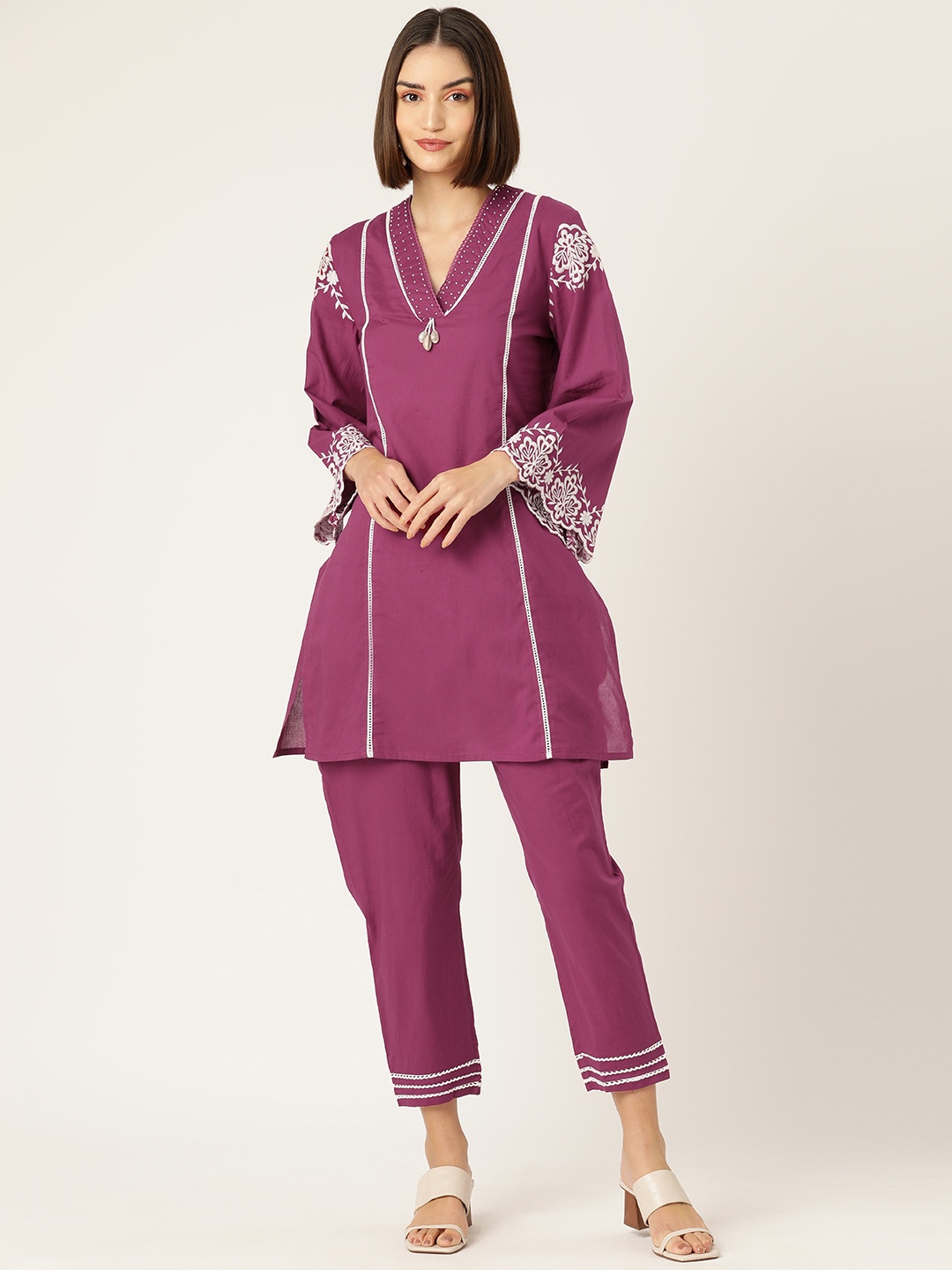 

MISRI Women Regular Pure Cotton Kurta with Trousers, Mauve