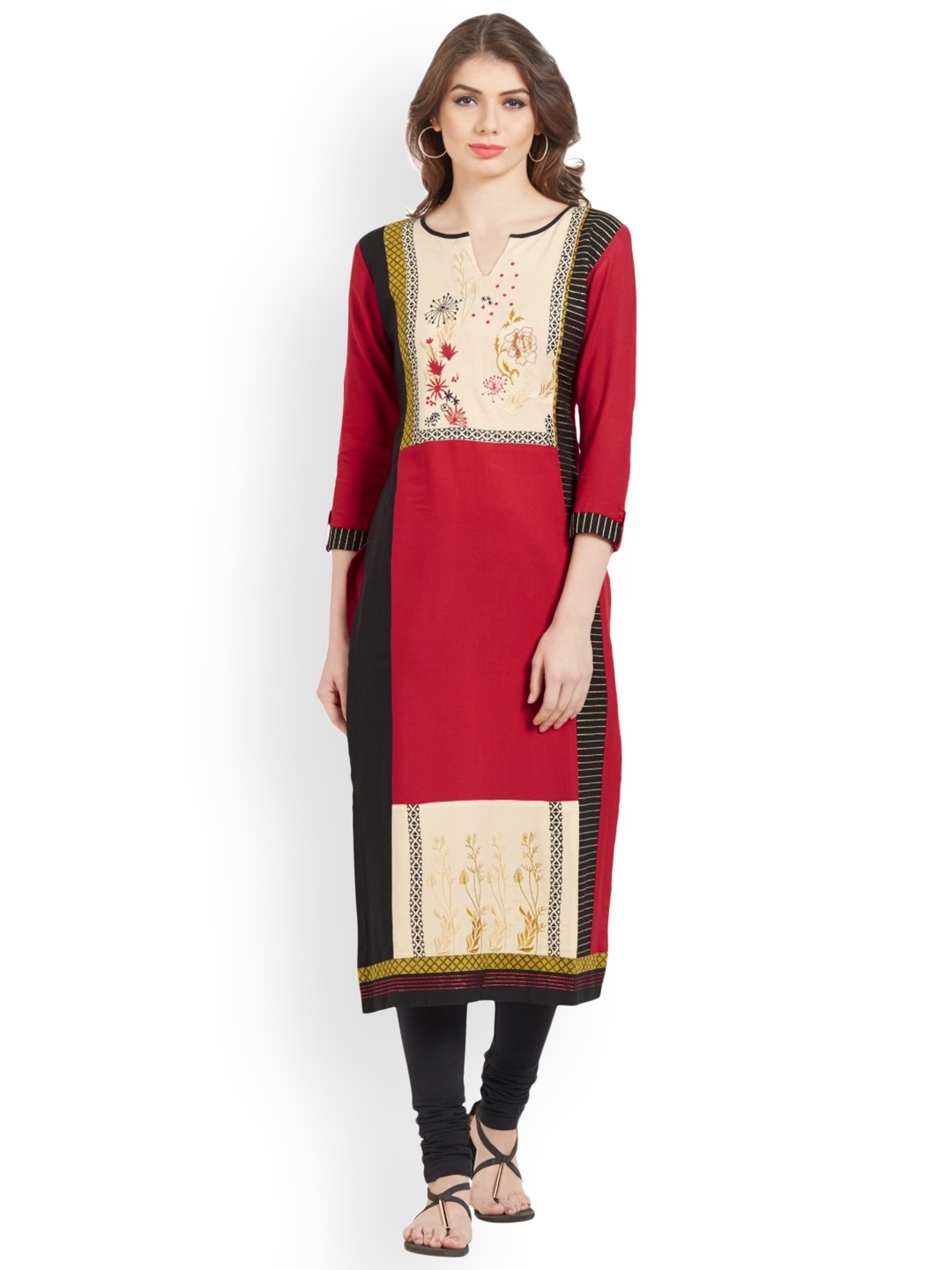 

Kvsfab Women Red & Black Embroidered Straight Kurta