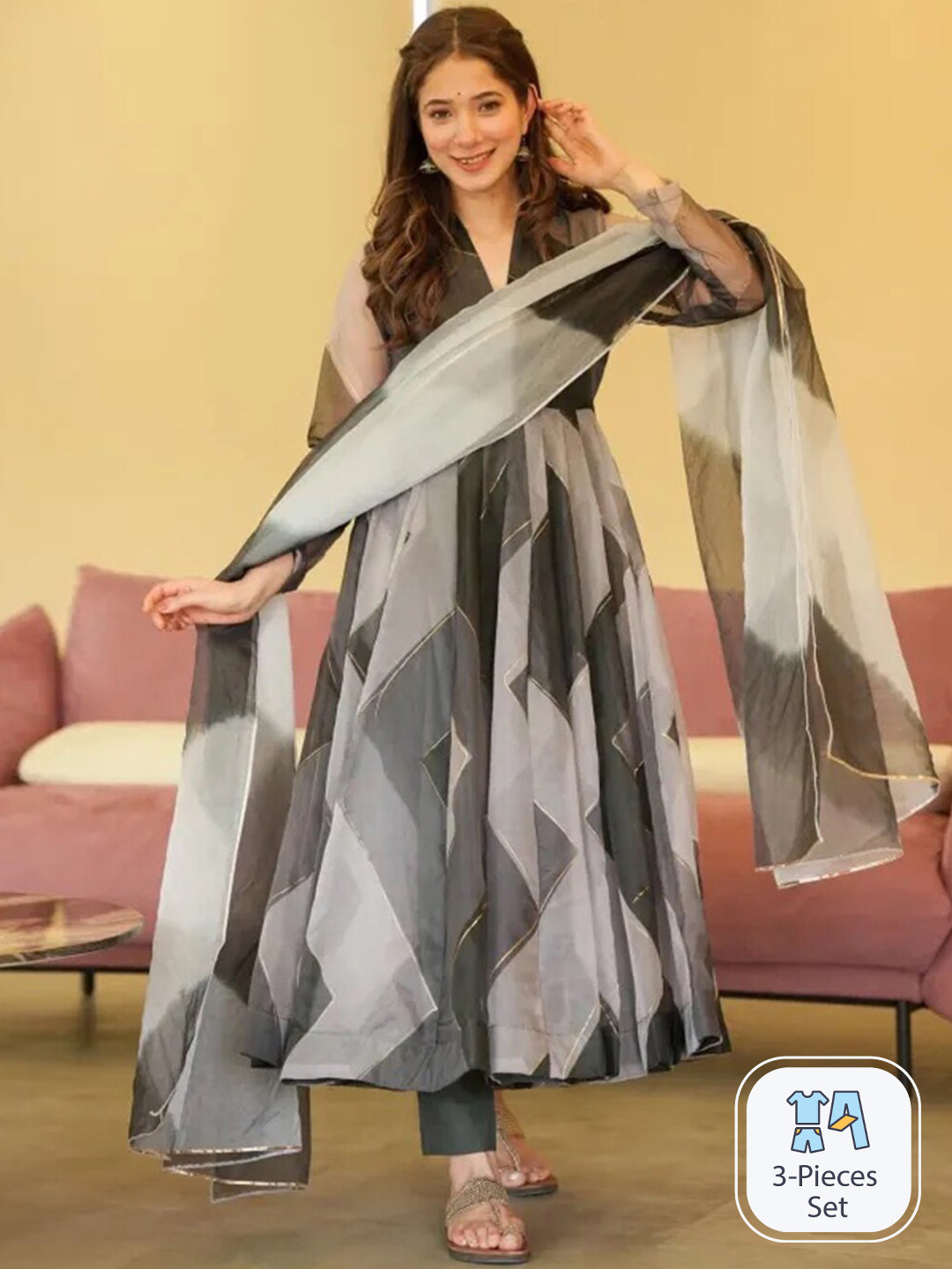

Fusionic Chevron Printed Anarkali Kurta & Trousers With Dupatta, Black