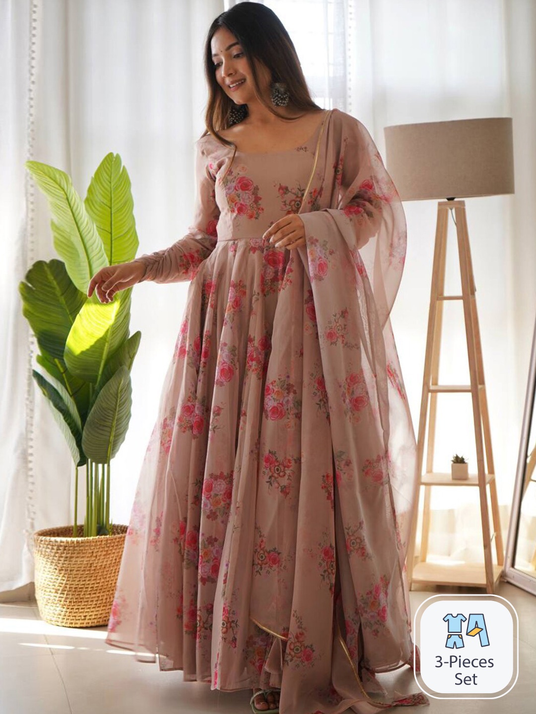 

Fusionic Floral Printed Boat Neck Ethnic Dresses With Dupatta, Peach