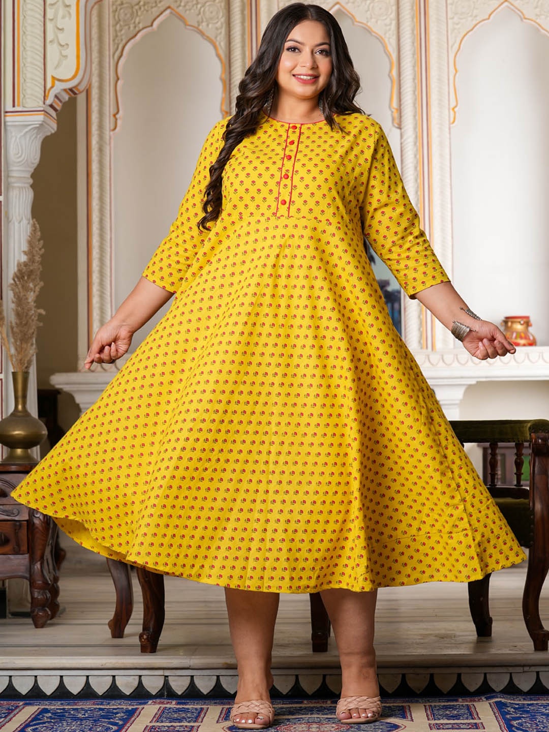

YASH GALLERY Plus Size Floral Printed Fit And Flare Ethnic Dress, Yellow