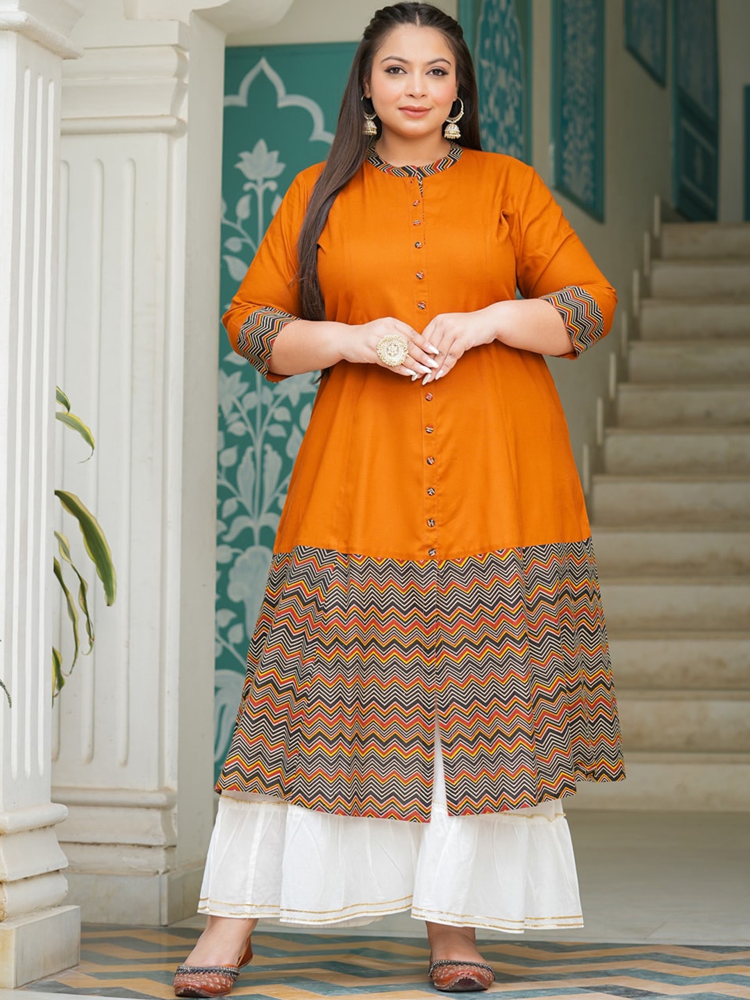 

YASH GALLERY Plus Size Chevron Printed Mandarin Collar A-Line Kurta, Orange