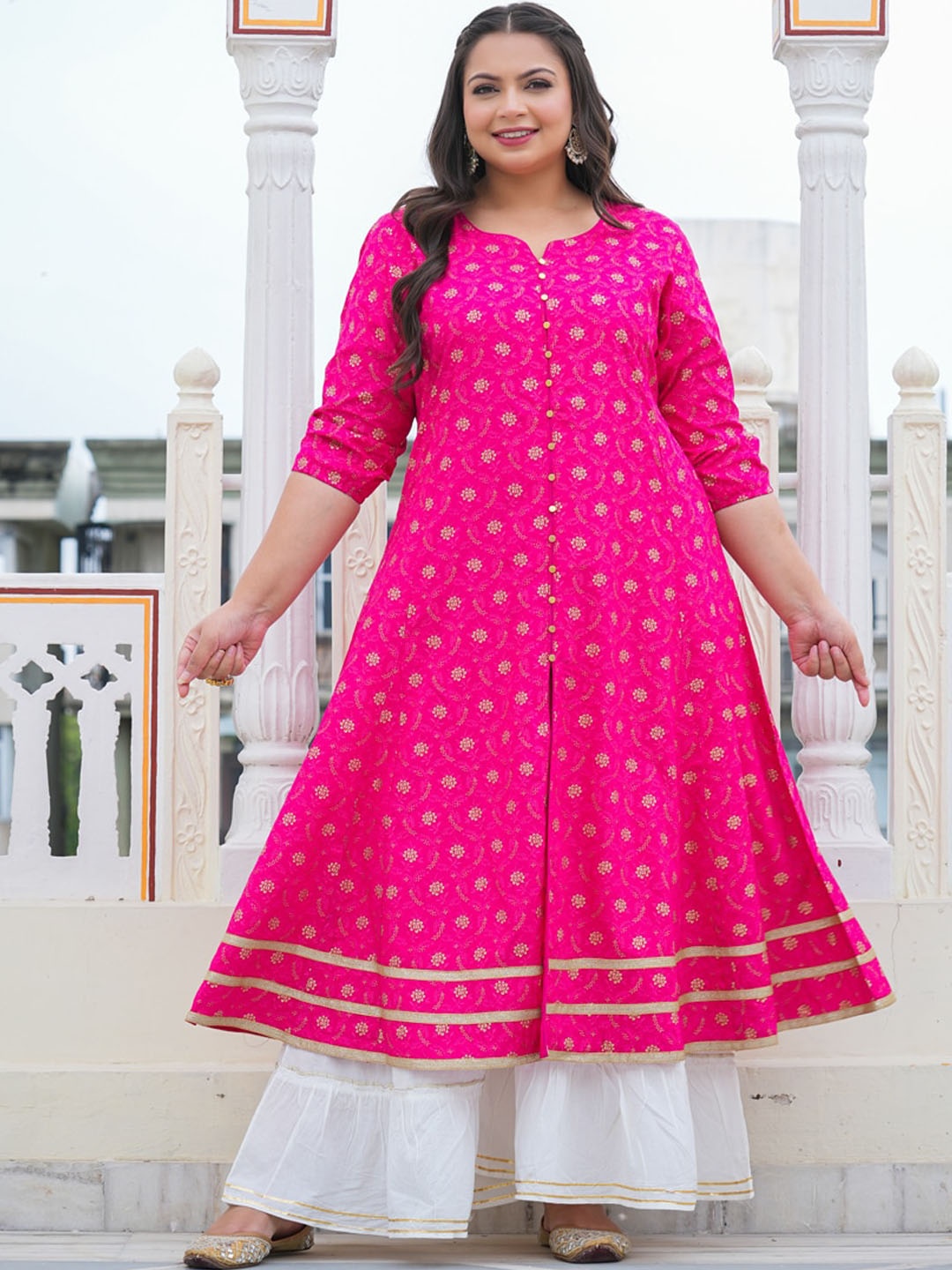 

YASH GALLERY Plus Size Floral Printed Anarkali Kurta, Pink