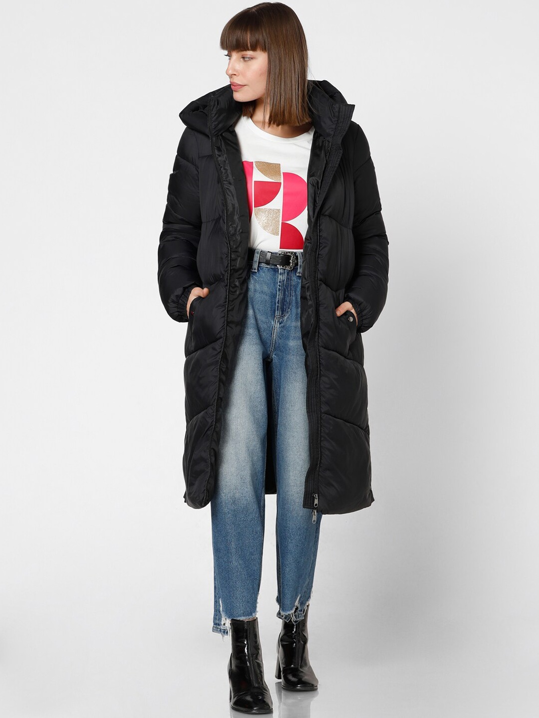 

Vero Moda Mock Collar Hooded Puffer Overcoat, Black