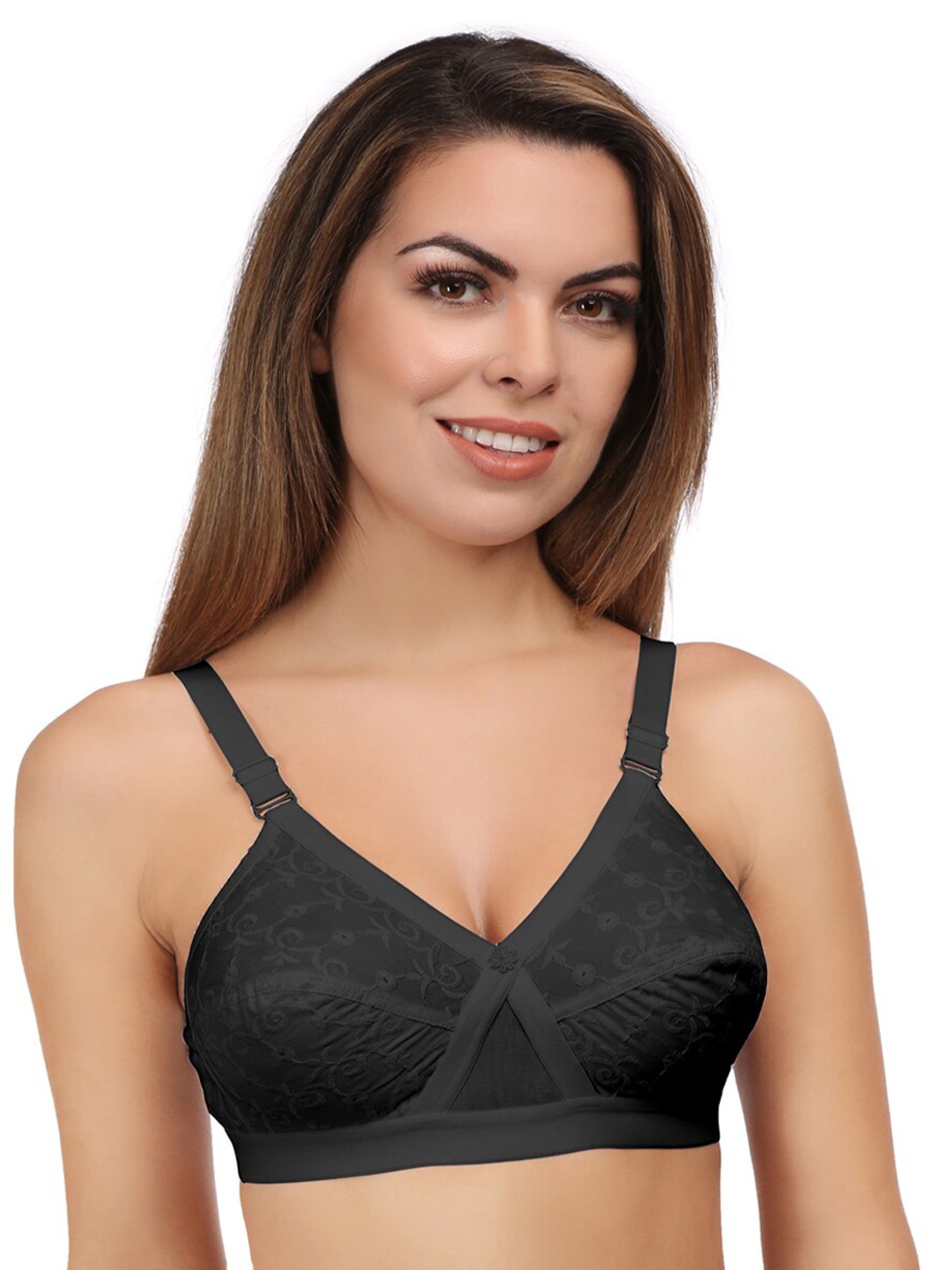 

Eve's Beauty Full Coverage Floral Self Design Non Padded Everyday Bra With All Day Comfort, Black
