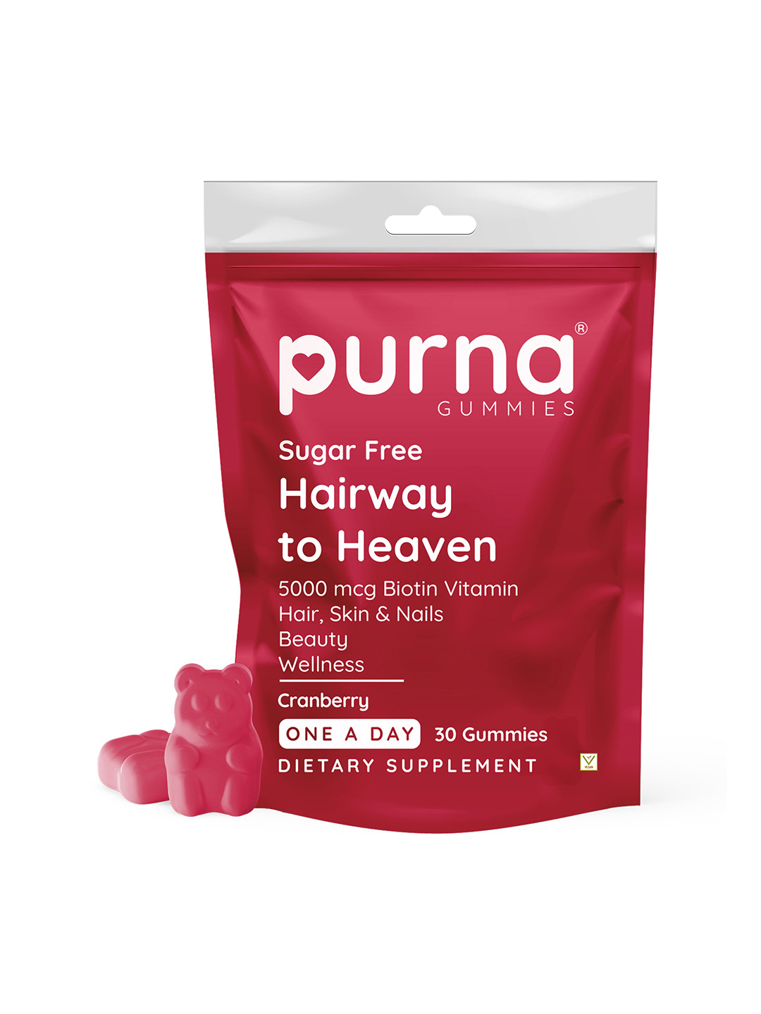 

Purna Gummies Hairway To Heaven Cranberry Flavoured Sugar Free Biotin Gummies - 30 Gummies, Red