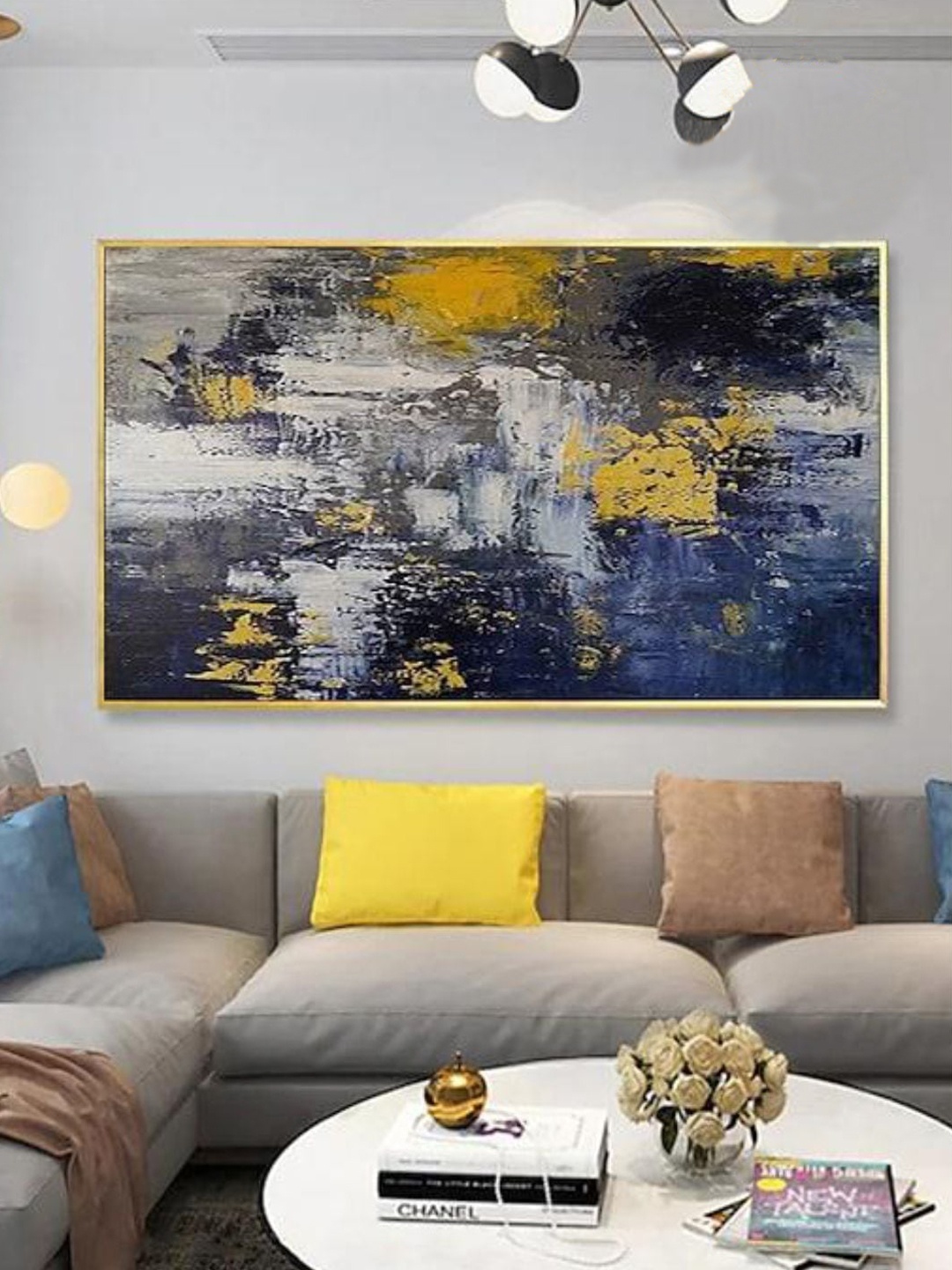 

THE HANDMADE FLAIR Blue & Yellow Abstract Painted Wall Art