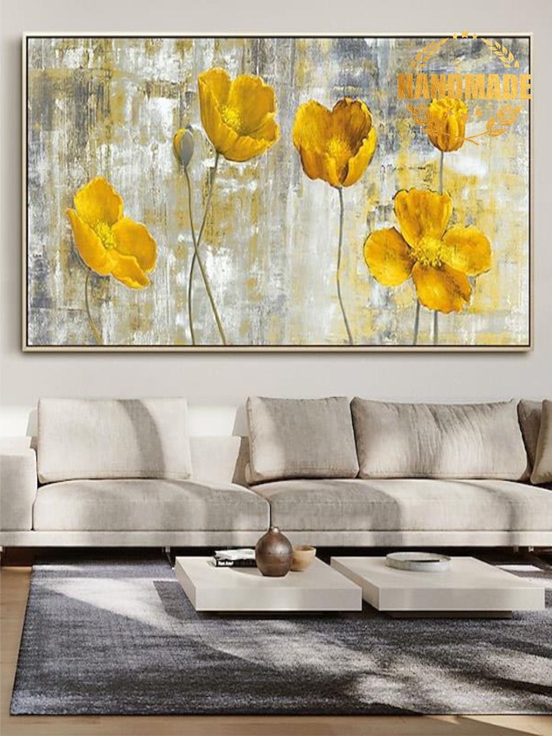 

THE HANDMADE FLAIR Beige & Yellow Abstract Painting Wall Art