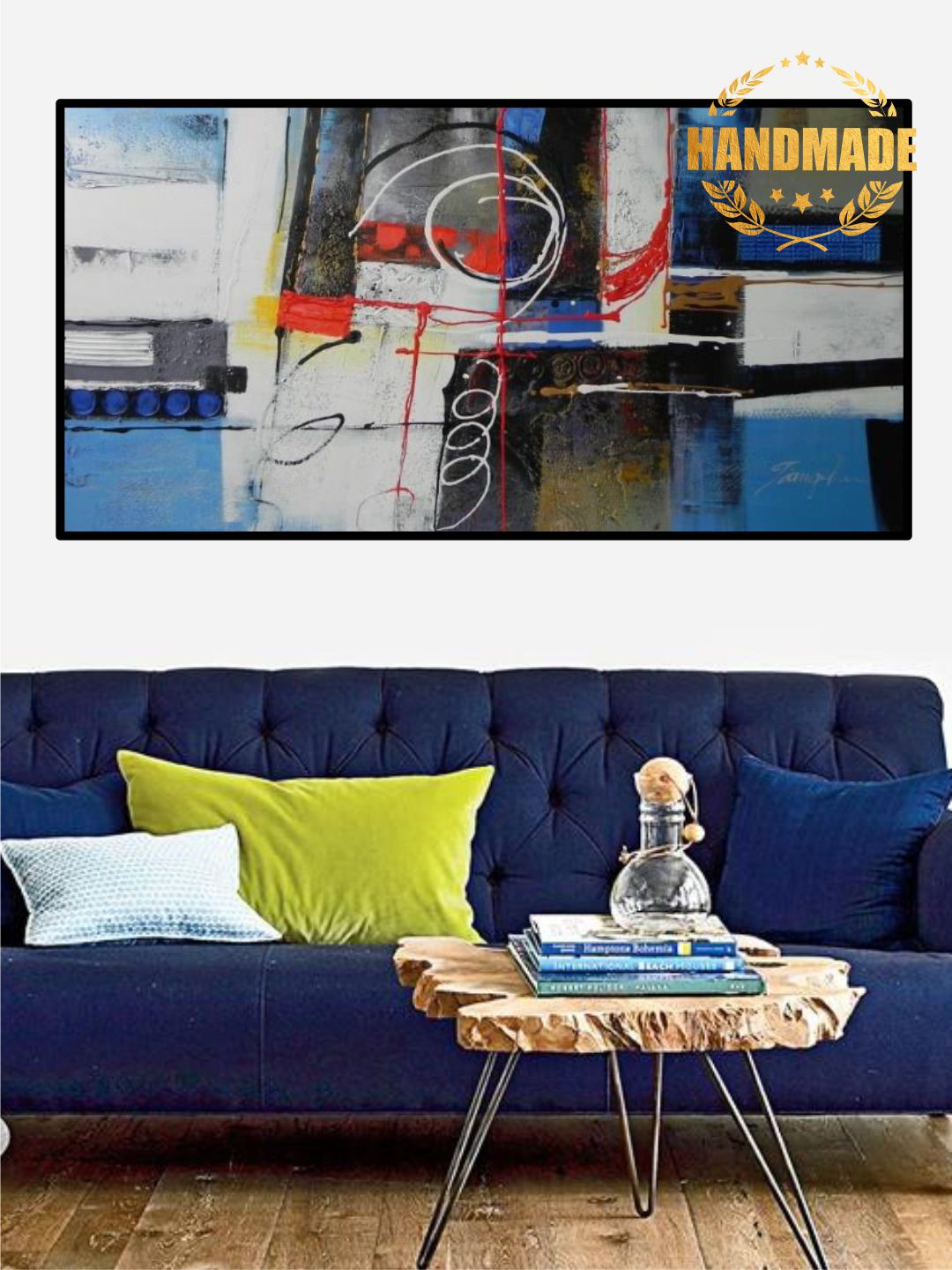 

THE HANDMADE FLAIR Blue & Grey Abstract Painting Wall Art
