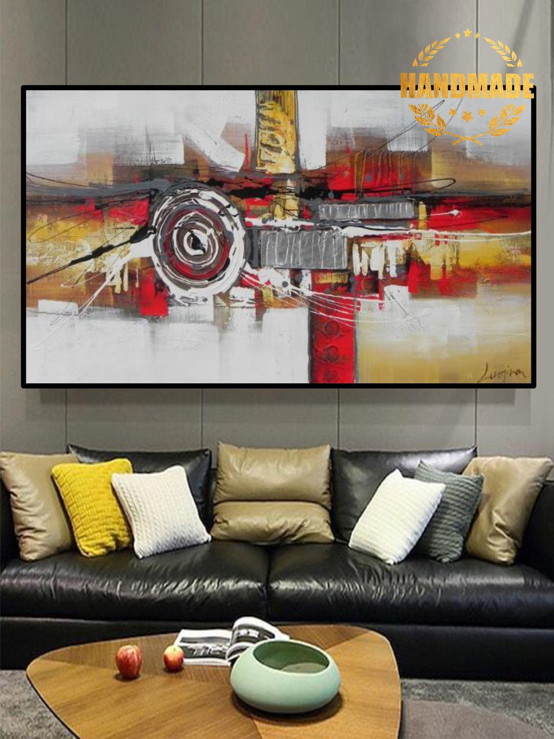

THE HANDMADE FLAIR Red & Yellow Abstract Painting Wall Art, Grey