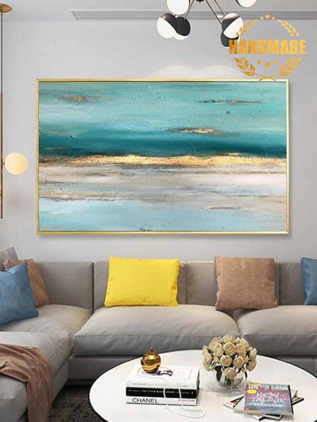 

THE HANDMADE FLAIR Teal Blue & Beige Abstract Painting Wall Art