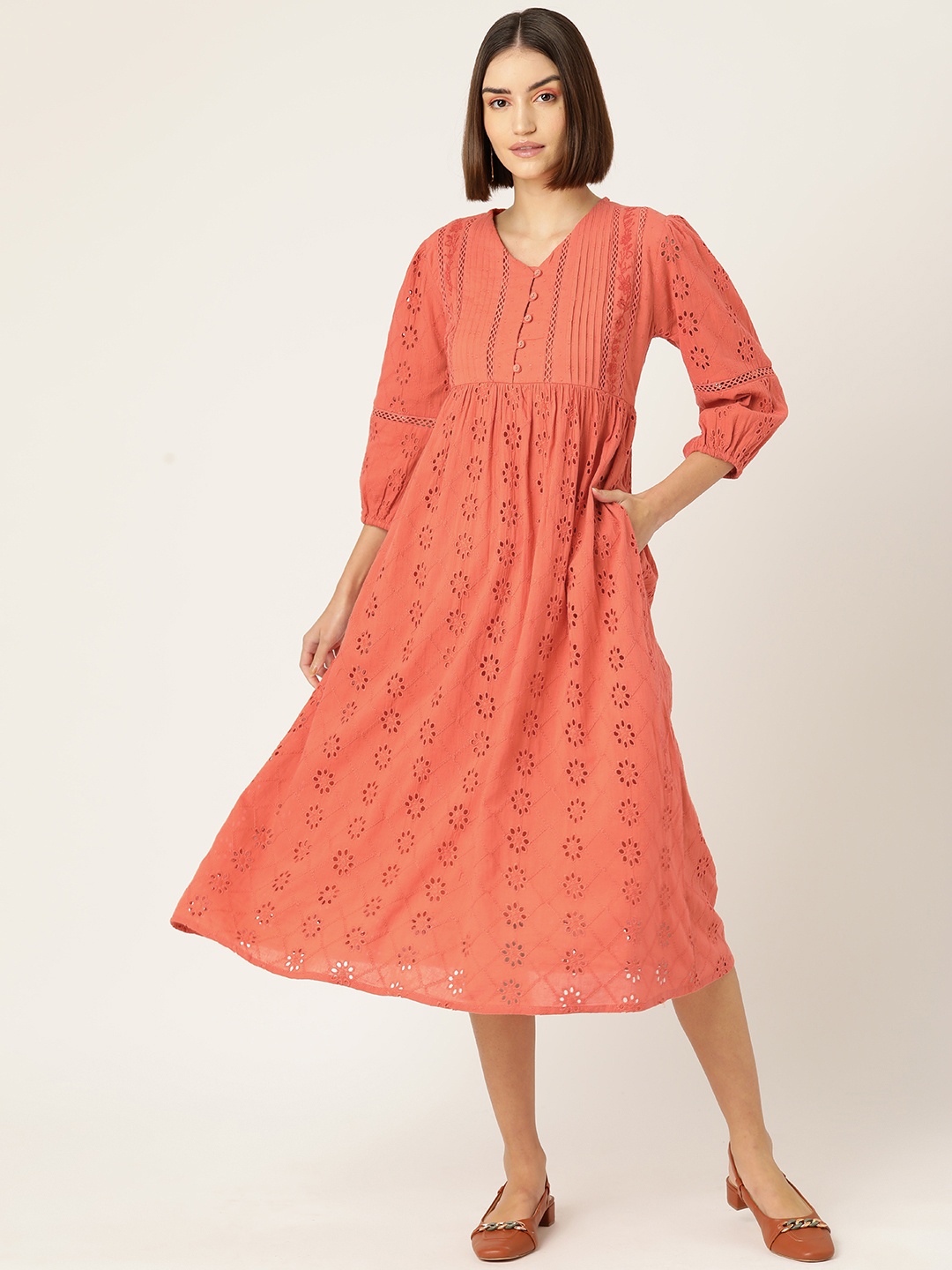 

MISRI Orange Puff Sleeve A-Line Cotton Midi Dress