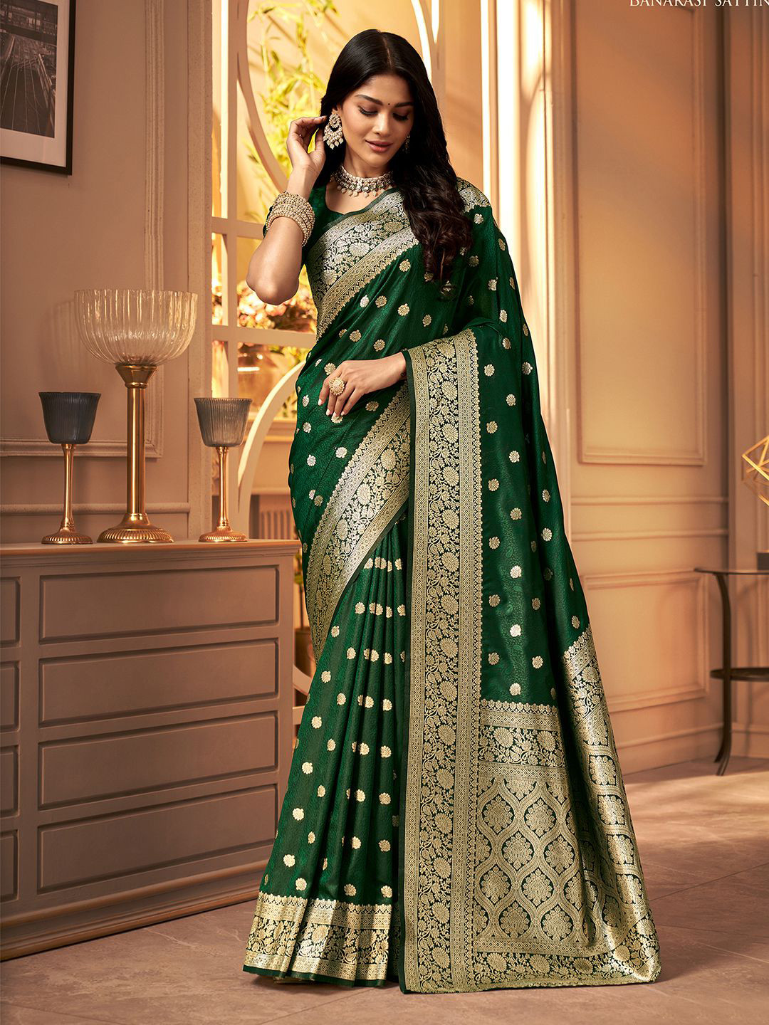 

Satrani Ethnic Woven Design Zari Silk Cotton Banarasi Saree, Green