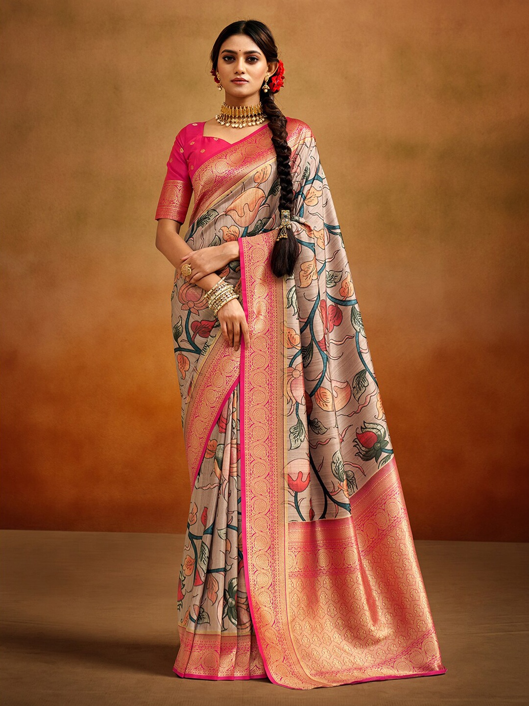 

Satrani Floral Printed Zari Banarasi Saree, Beige