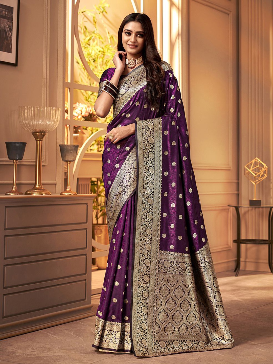 

Satrani Ethnic Motif Woven Design Zari Silk Cotton Banarasi Saree, Purple