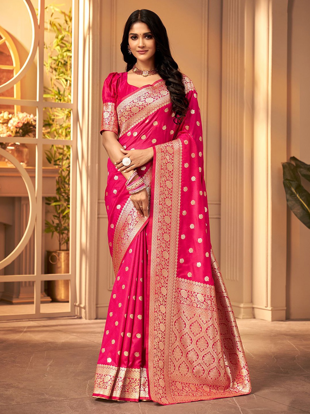 

Satrani Woven Design Zari Silk Cotton Banarasi Saree, Pink