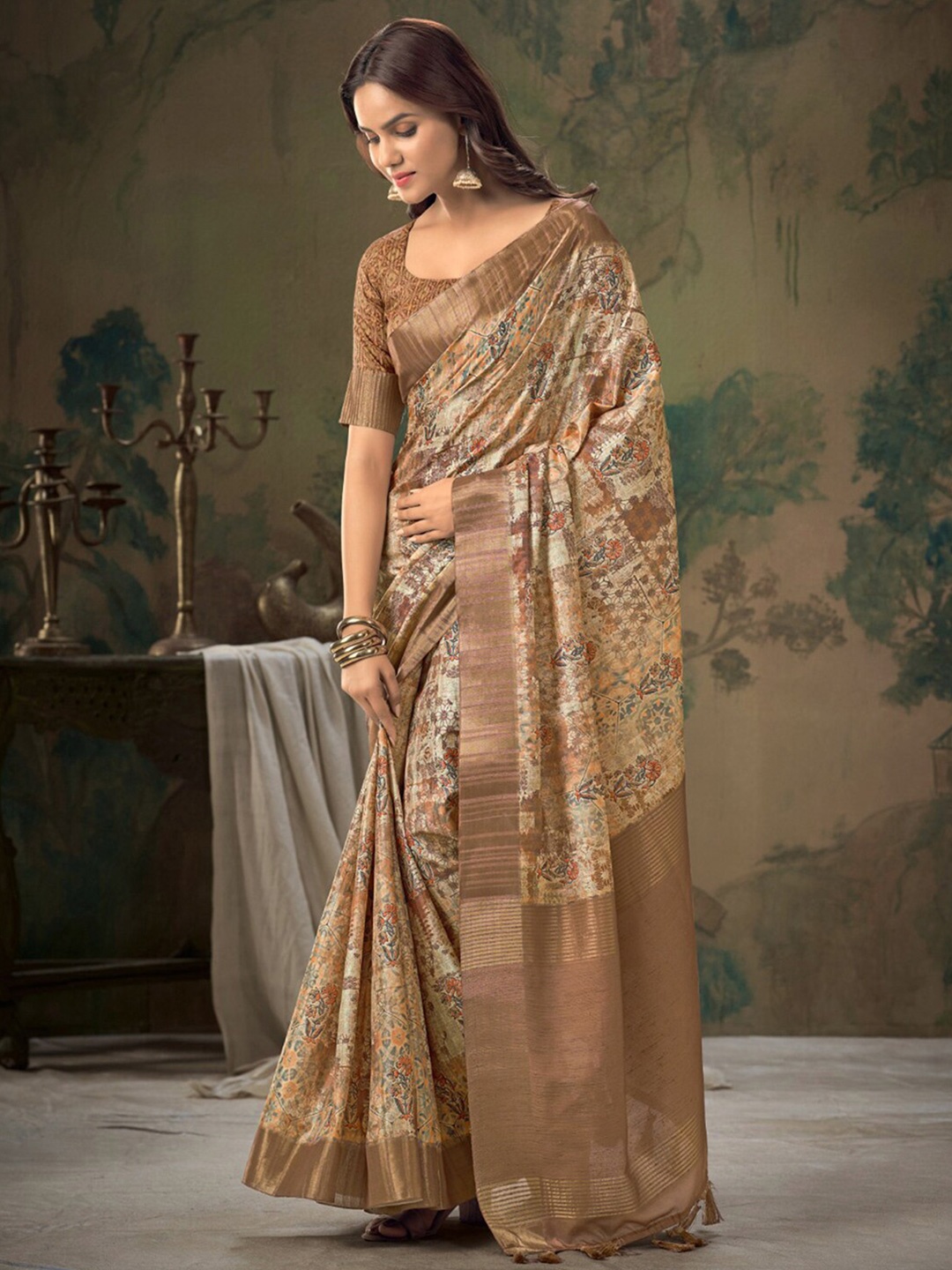 

Satrani Ethnic Motifs Printed Zari Silk Cotton Saree, Brown