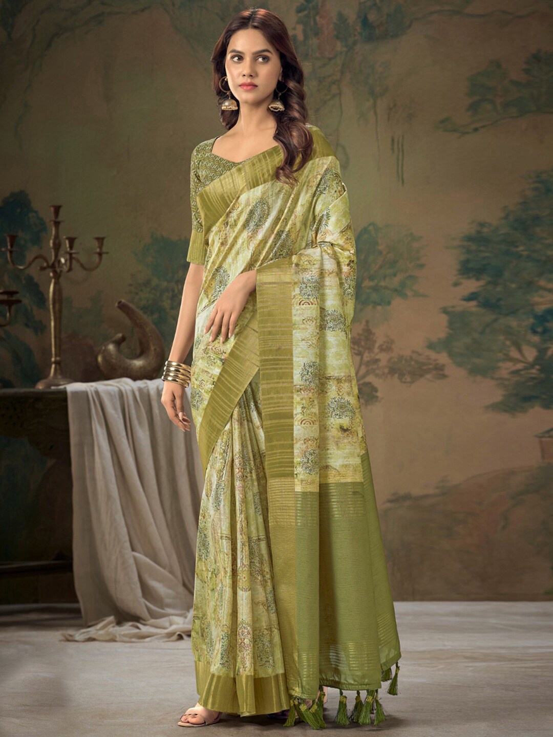 

Satrani Ethnic Motifs Printed Zari Silk Cotton Saree, Green