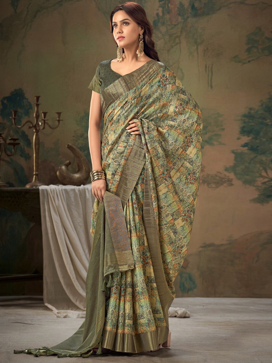 

Satrani Abstract Printed Zari Silk Cotton Saree, Olive