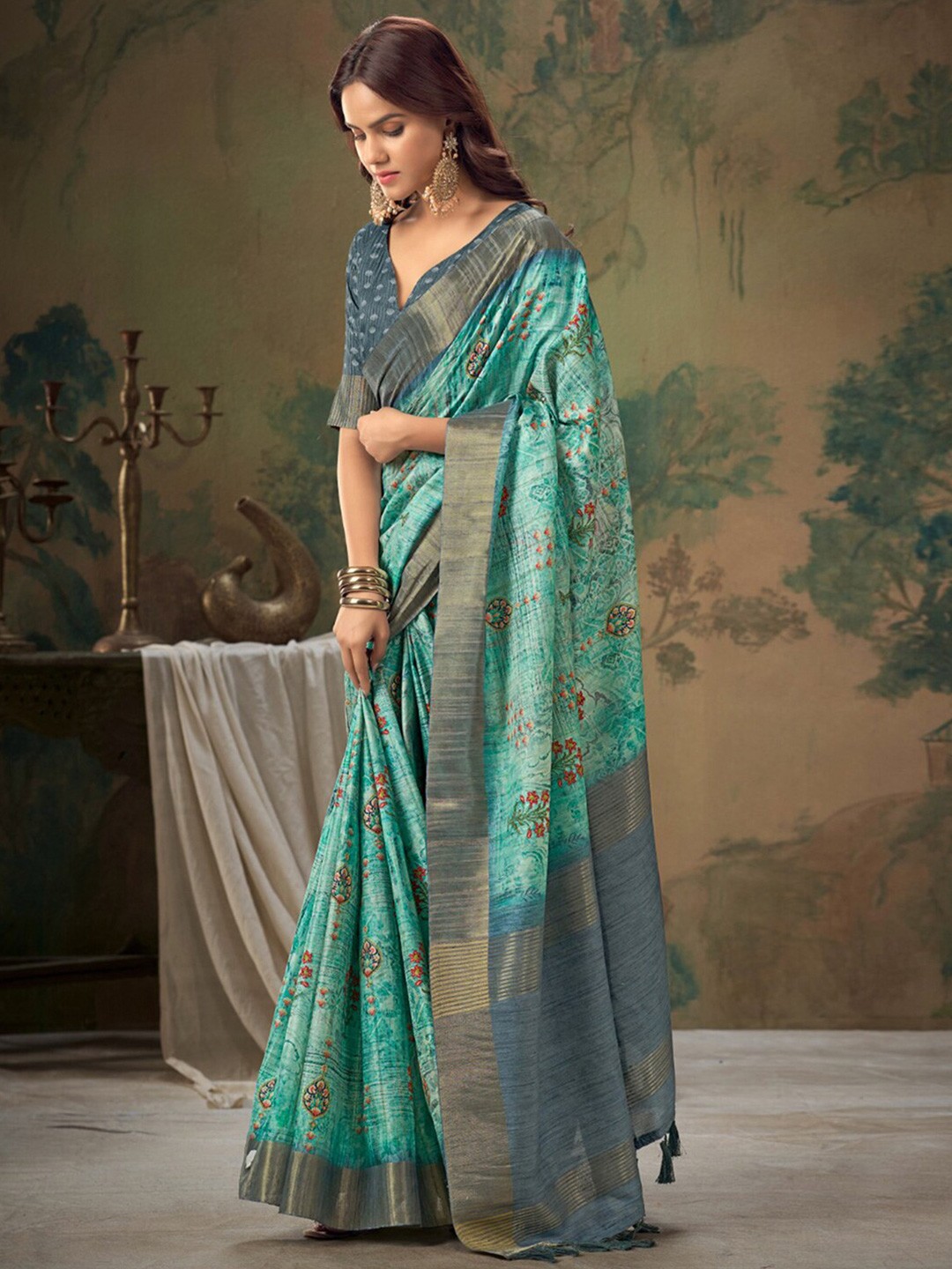 

Satrani Abstract Printed Zari Silk Cotton Saree, Green