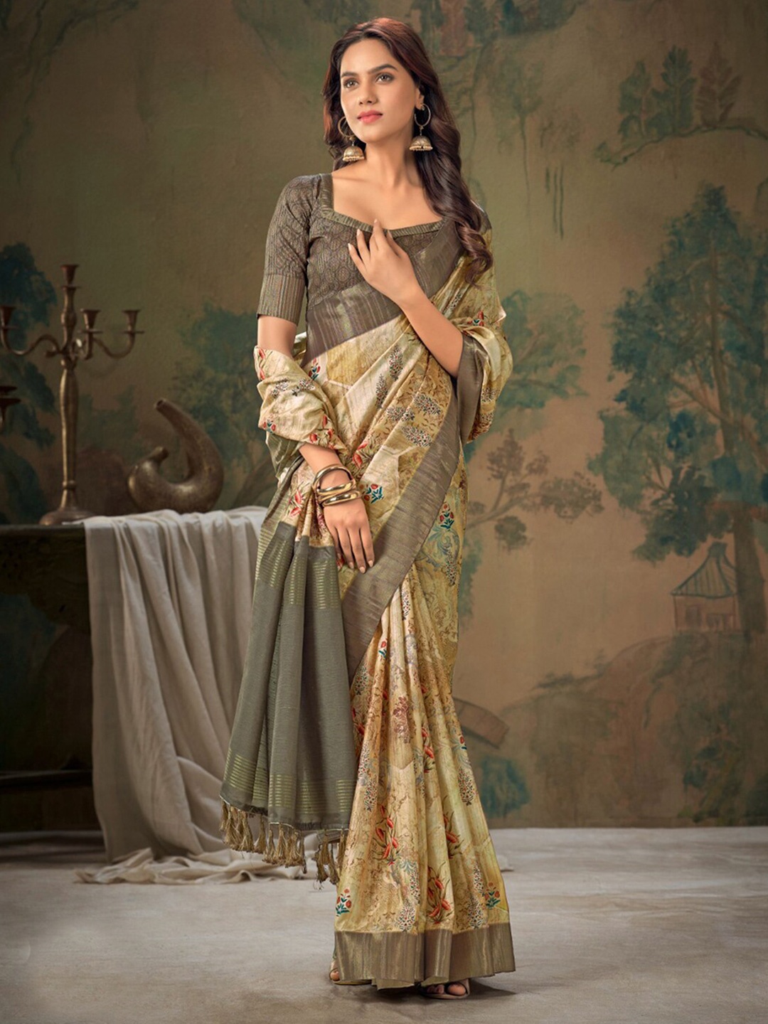 

Satrani Ethnic Motifs Printed Zari Silk Cotton Saree, Beige