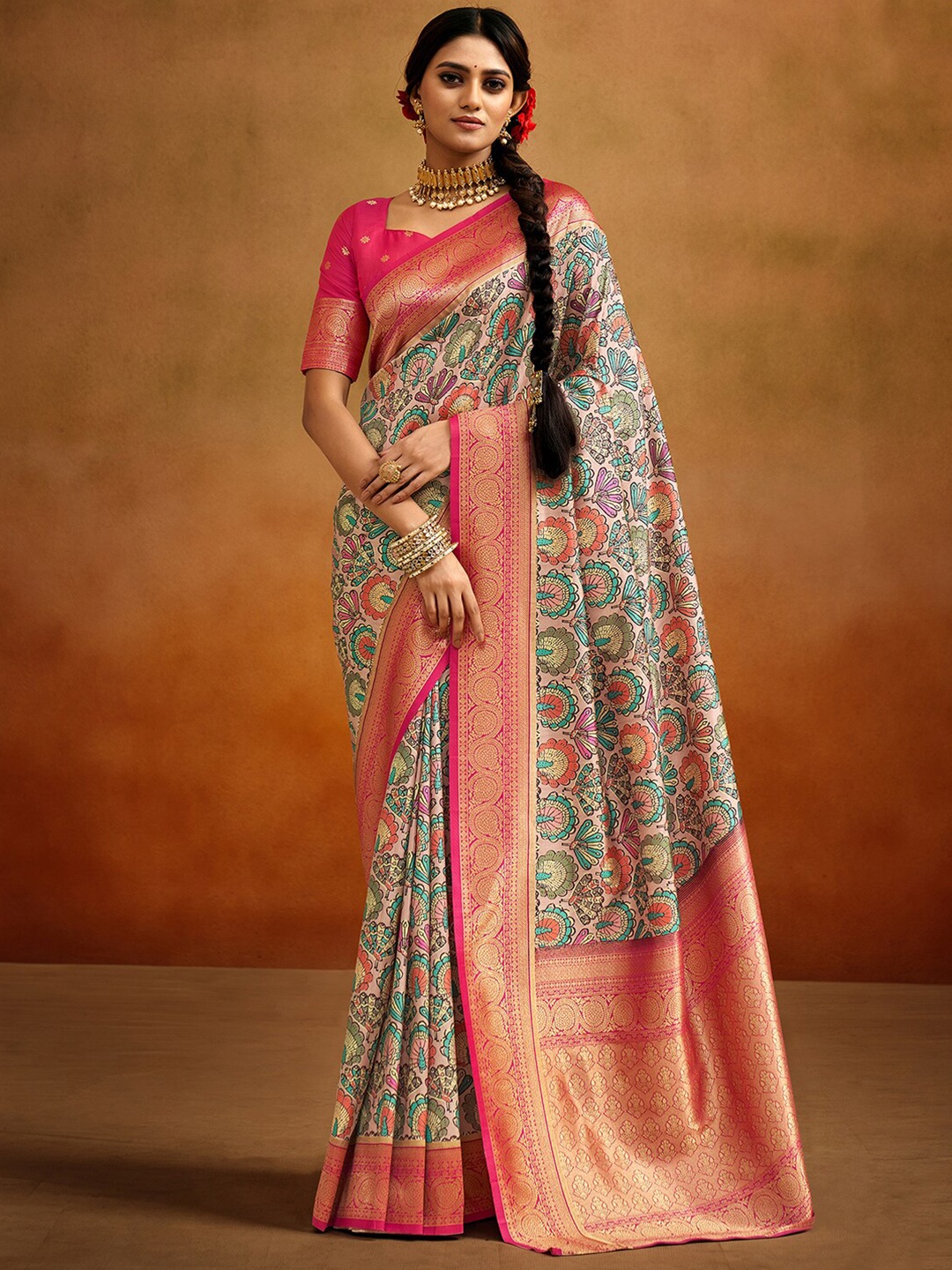 

Satrani Kalamkari Printed Zari Jacquard Banarasi Saree, Red