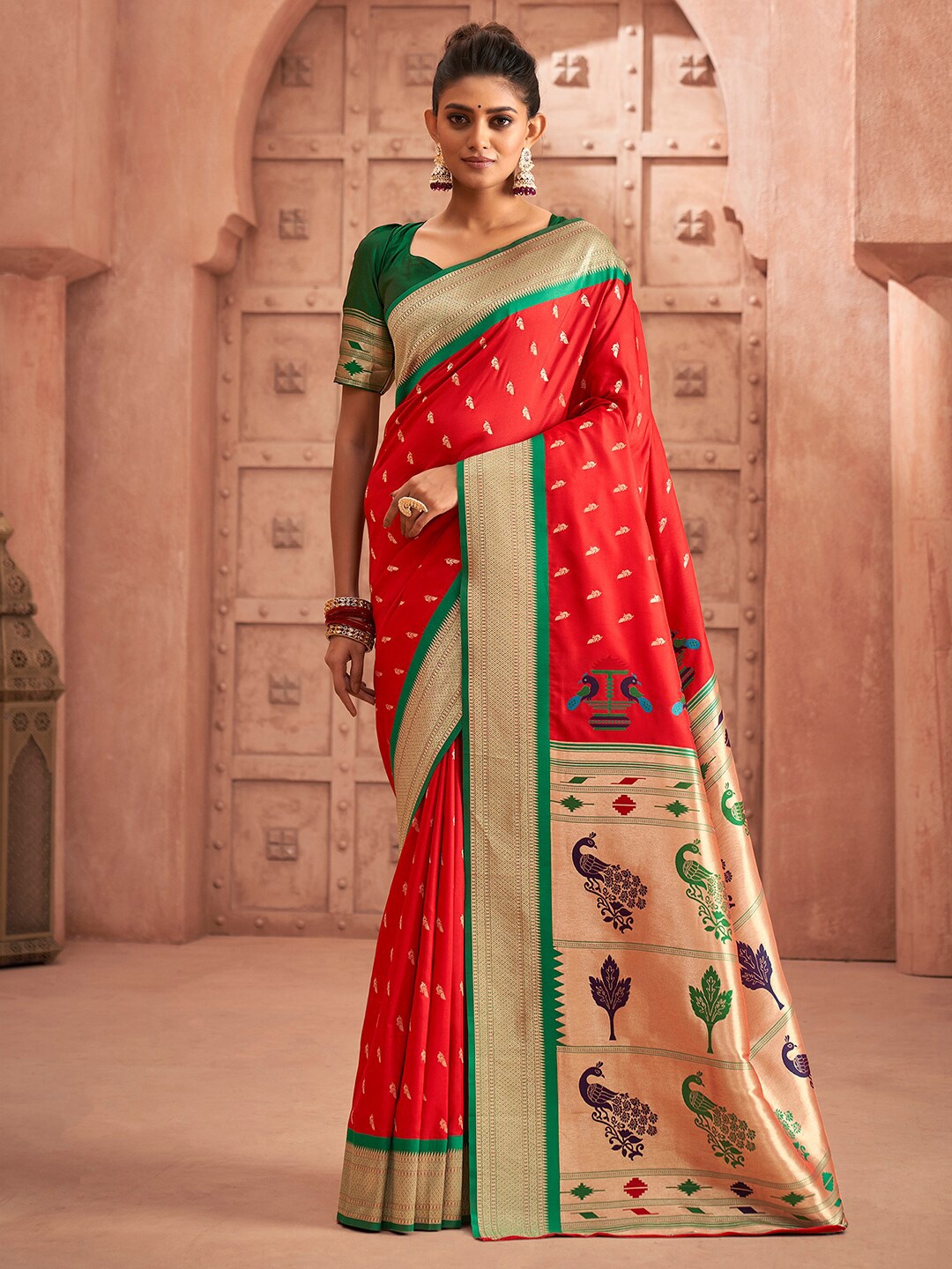 

Satrani Ethnic Motifs Woven Design Zari Paithani Saree, Red