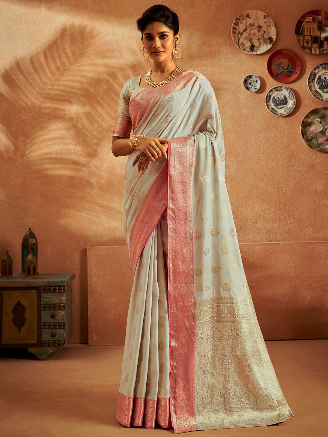 

Satrani Ethnic Motif Woven Design Zari Silk Cotton Banarasi Saree, Grey