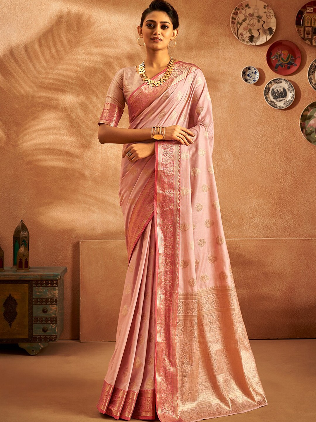

Satrani Ethnic Motifs Woven Design Zari Silk Cotton Banarasi Saree, Peach