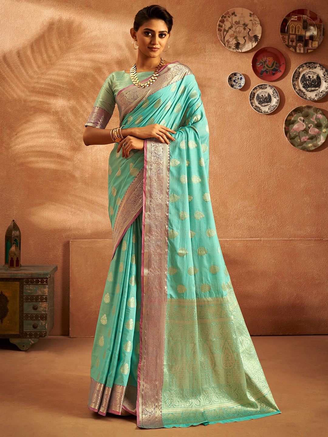 

Satrani Ethnic Motifs Woven Design Zari Silk Cotton Banarasi Saree, Turquoise blue