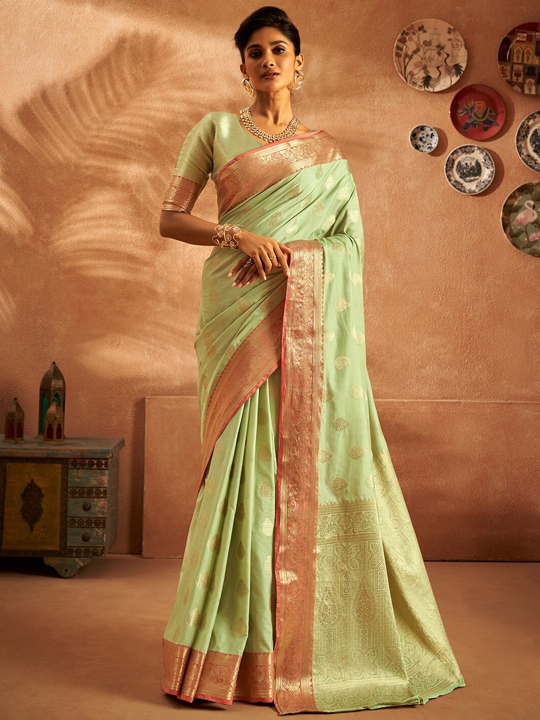 

Satrani Ethnic Motifs Woven Design Zari Silk Cotton Banarasi Saree, Lime green