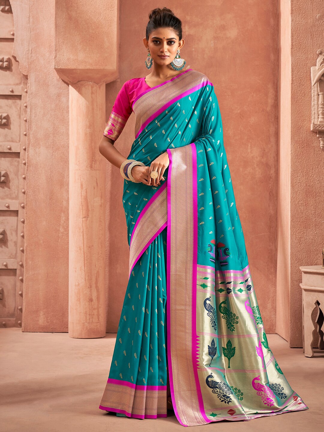

Satrani Ethnic Motifs Woven Design Zari Paithani Saree, Turquoise blue