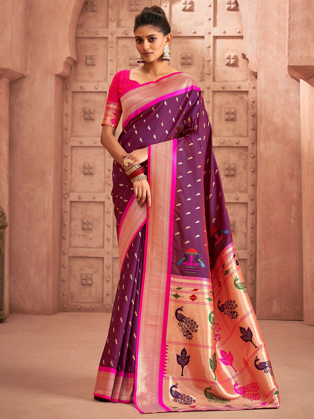 

SatraniEthnic Motifs Woven Design Zari Paithani Saree, Purple