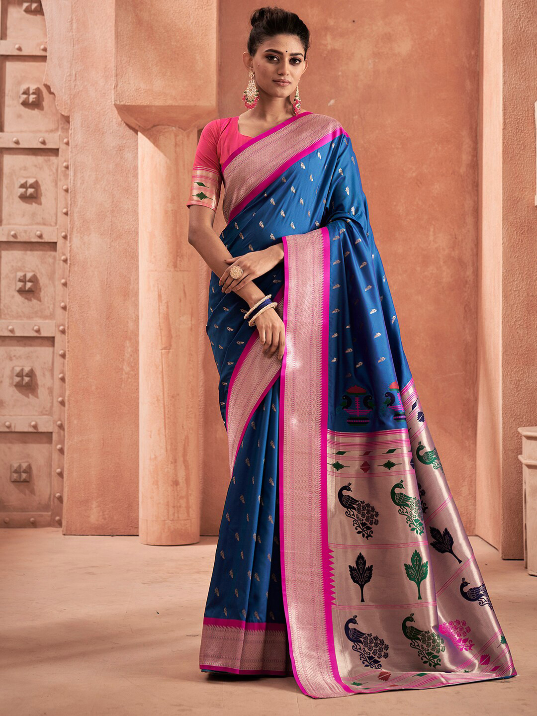 

Satrani Ethnic Motif Woven Design Zari Paithani Saree, Blue