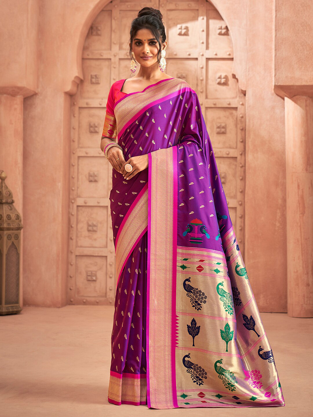 

Satrani Woven Design Zari Silk Blend Paithani Saree, Purple