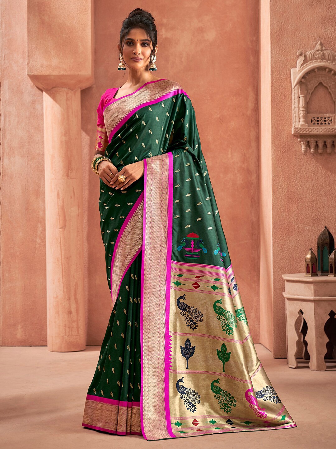 

Satrani Ethnic Motifs Woven Design Zari Paithani Saree, Green
