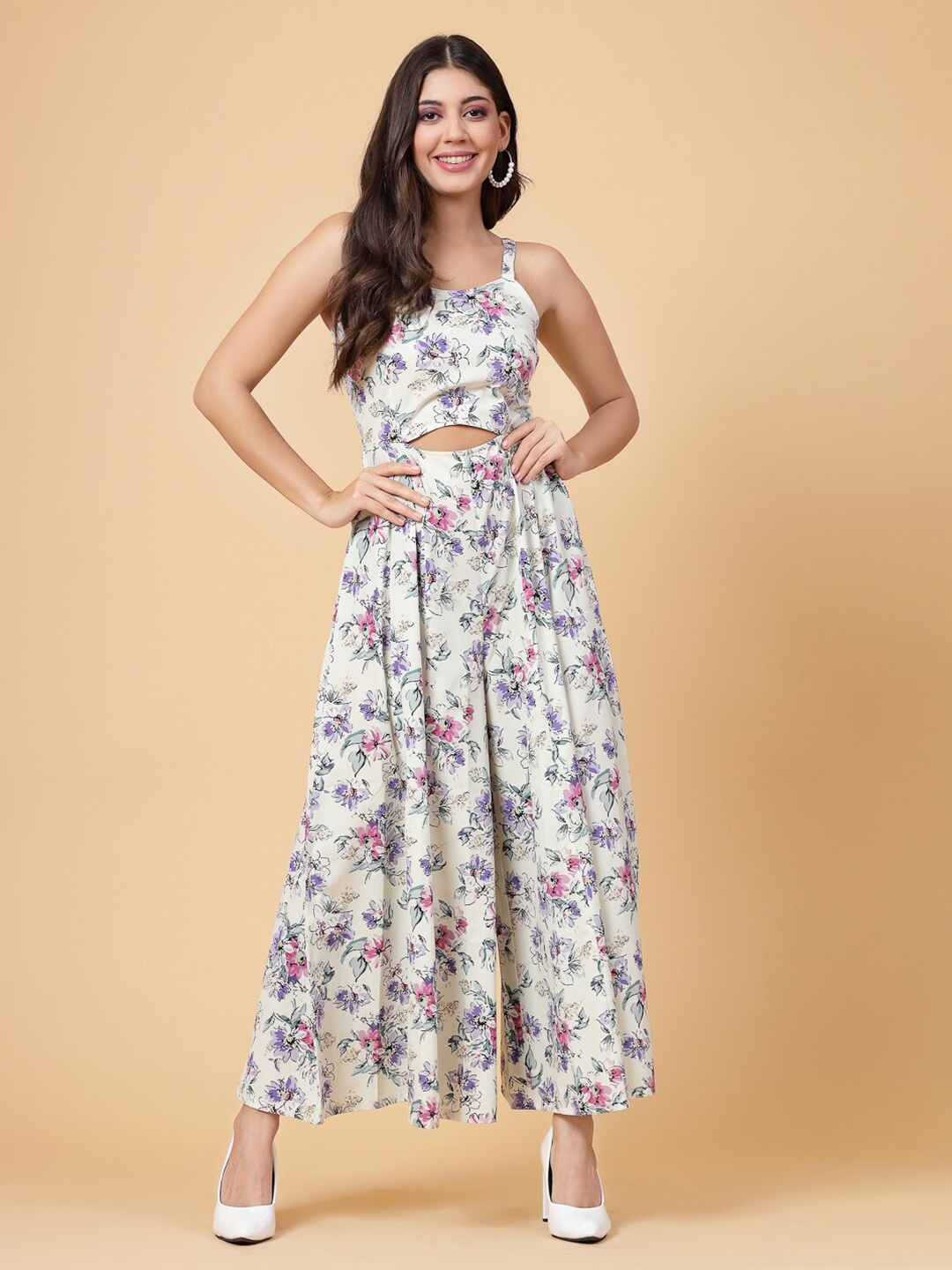 

RAASSIO Floral Printed Shoulder Straps Sleeveless Basic Jumpsuit, White