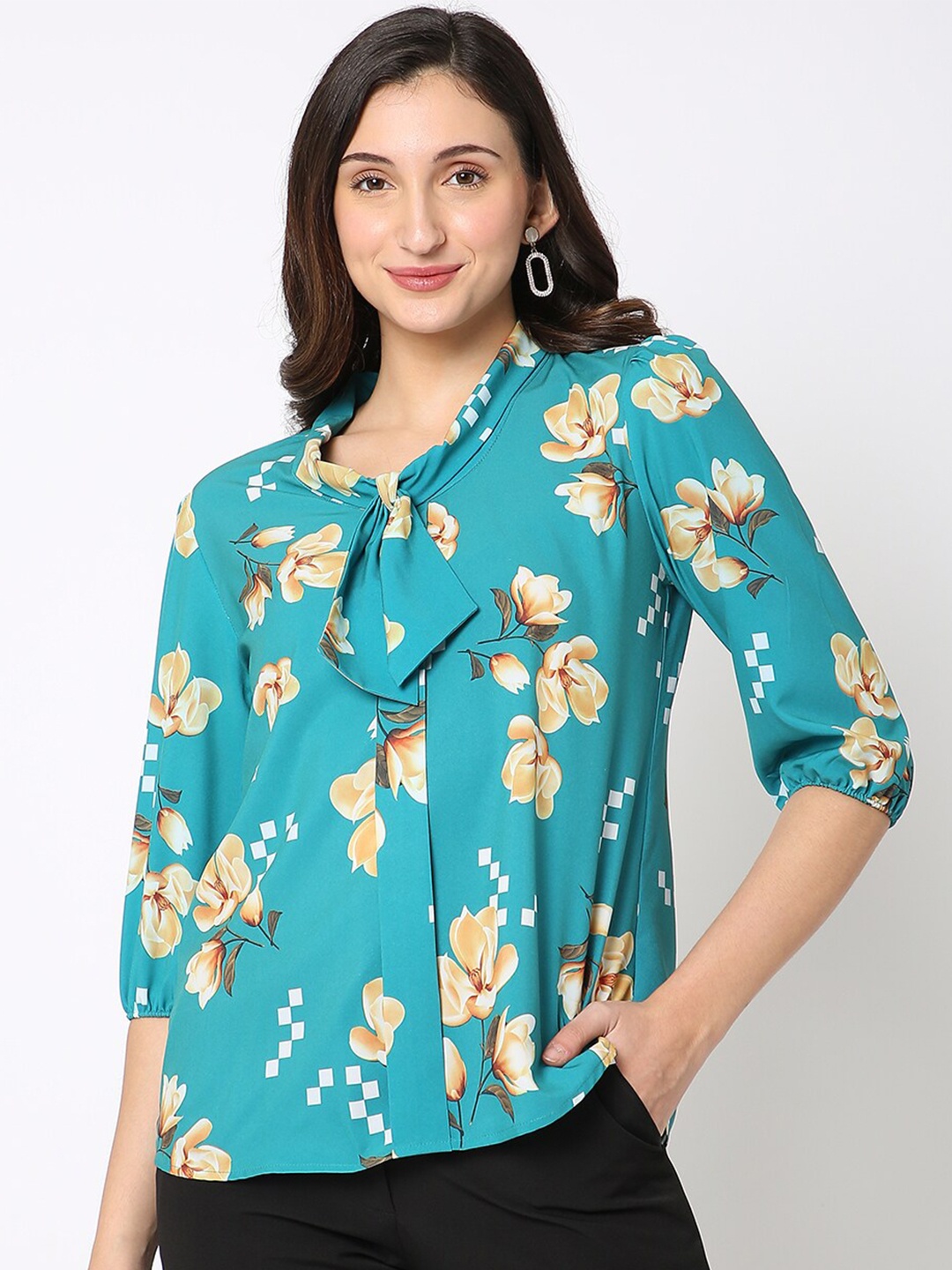 

NOT SO PINK Floral Printed Tie Up Neck Satin Top, Green
